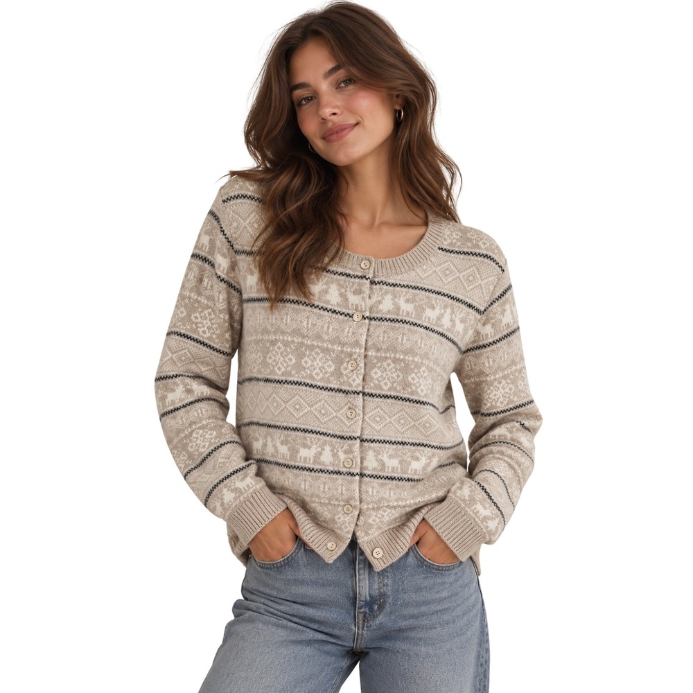 Talbots Cardigan Sweater Womens Medium Fair Isle Reindeer Cotton Knit Holiday